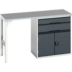 Unterbauwerkbank Bott verso, Linoleum-Platte, 2 Schubladen, 1 Tür, 1 Ablageboden, B 1500 x T 600 x H 930 mm, Lichtgrau / Anthrazitgrau