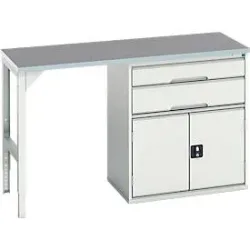 Unterbauwerkbank Bott verso, Linoleum-Platte, 2 Schubladen, 1 Tür, 1 Ablageboden, B 1500 x T 600 x H 930 mm, Lichtgrau