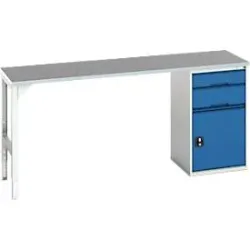Unterbauwerkbank Bott verso, Linoleum-Platte, 2 Schubladen, 1 Tür, 1 Ablageboden, B 2000 x T 600 x H 930 mm, Lichtgrau / Enzianblau