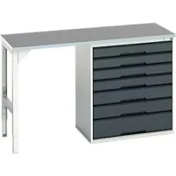 Unterbauwerkbank Bott verso, Linoleum-Platte, 7 Schubladen, B 1500 x T 600 x H 930 mm, Lichtgrau / Anthrazitgrau