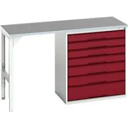 Unterbauwerkbank Bott verso, Linoleum-Platte, 7 Schubladen, B 1500 x T 600 x H 930 mm, Lichtgrau / Purpurrot