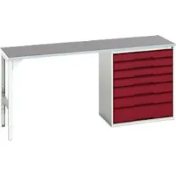 Unterbauwerkbank Bott verso, Linoleum-Platte, 7 Schubladen, B 2000 x T 600 x H 930 mm, Lichtgrau / Purpurrot