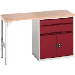 Unterbauwerkbank Bott verso, Multiplex-Platte, 2 Schubladen, 1 Tür, 1 Ablageboden, B 1500 x T 600 x H 930 mm, Lichtgrau / Purpurrot