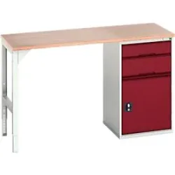 Unterbauwerkbank Bott verso, Multiplex-Platte, 2 Schubladen, 1 Tür, 1 Ablageboden, B 1500 x T 600 x H 930 mm, Lichtgrau / Purpurrot