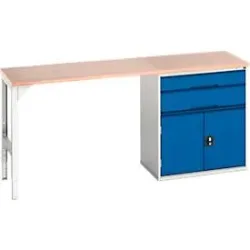Unterbauwerkbank Bott verso, Multiplex-Platte, 2 Schubladen, 1 Tür, 1 Ablageboden, B 2000 x T 600 x H 930 mm, Lichtgrau / Enzianblau