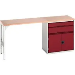 Unterbauwerkbank Bott verso, Multiplex-Platte, 2 Schubladen, 1 Tür, 1 Ablageboden, B 2000 x T 600 x H 930 mm, Lichtgrau / Purpurrot