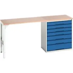 Unterbauwerkbank Bott verso, Multiplex-Platte, 7 Schubladen, B 2000 x T 600 x H 930 mm, Lichtgrau / Enzianblau