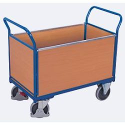 Vierwandwagen, Stahl/MDF-Platte, Enzianblau/Buche-Dekor, L 1000 x B 550 mm, herausnehmbare Längswände, TPE-Rollen mit EasySTOP, bis 500 kg