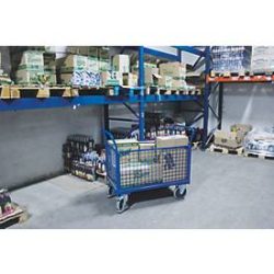 Vierwandwagen, Stahl/MDF-Platte, Enzianblau/Buche-Dekor, L 1200 x B 750 mm, herausnehmbare Längswände, TPE-Rollen mit EasySTOP, bis 500 kg