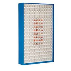 Vorratsschrank, Volumen 635 l, 204 herausnehmbare Lagerboxen mit Griffmulde, B 1270 x T 250 x H 2000 mm, g.blau/transparent