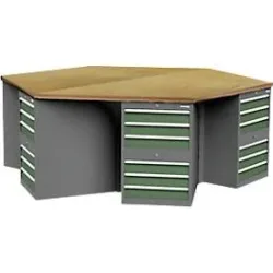 Werkbank Bedrunka+Hirth, 6-eckig, Buche-Multiplex-Arbeitsplatte, 6 Schubladenschränke mit je 6 Schüben, abschliessbar, B 2500 x T 2165 x H 859 mm