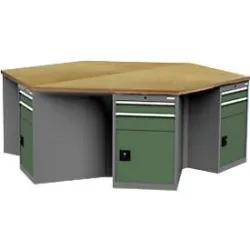 Werkbank Bedrunka+Hirth, 6-eckig, Buche-Multiplex-Arbeitsplatte, 6 Schubladenschränke mit je 2 Schüben + Flügeltür, abschliessbar, B 2500 x T 2165 x H 859 mm