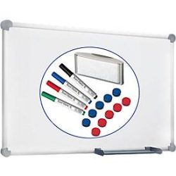 Whiteboard 2000 MAULpro, weiss kunststoffbeschichtet, magnethaftend, Rahmen silber, B 1800 x H 900 mm + 15-teiliges Zubehör-Set