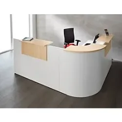 Winkeltheke Come-In, rund, L 2125 x B 2525 mm, weiss, 3 Ablagen in Ahorn-Dekor, Eckelement weiss