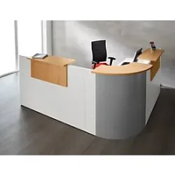 Winkeltheke Come-In, rund, L 2125 x B 2525 mm, weiss, 3 Ablagen in Buche-Dekor, Eckelement alusilber