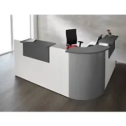 Winkeltheke Come-In, rund, L 2125 x B 2525 mm, weiss, 3 Ablagen in Graphit, Eckelement alusilber