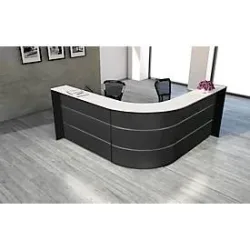 Winkeltheke Faro, mit Ablage- und Seitenplatten, melaminharzbeschichtet, ABS-Kanten, B 2320 x T 2320 x H 1120 mm, anthrazit/anthrazit