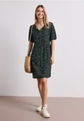 STREET ONE Sommerkleid Ohne Taschen Sommerkleid mit Split Neck und Allover-Print/Blätter-Design