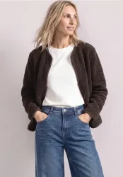 Teddy-Jacke mit Rundhals und Corddetails
