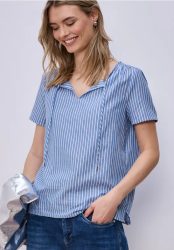 Kurzarm Bluse mit Split Neck und Streifen