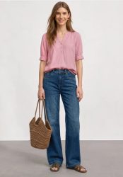 Kurzarm Bluse mit Split Neck und Elastiksaum