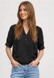 Kurzarm Bluse mit Split Neck und Elastiksaum