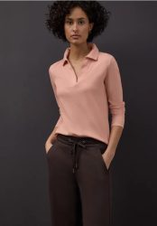 STREET ONE Langarm-Poloshirt in Melange-Optik und mit Ripp-Struktur