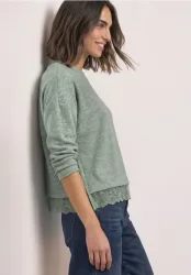 Langarm Shirt mit Rundhals und Spitzenborte
