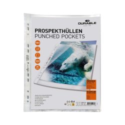 DURABLE Premium Prospekthüllen A4 Glasklar Transparent 80 Mikron Polypropylen Oben 11 Löcher 100 Stück