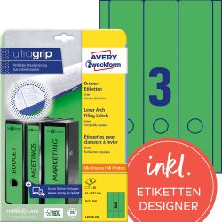 AVERY Zweckform ultragrip Ordneretiketten L4754-20 Selbsthaftend A4 Grün 6.1 x 29.7 cm 20 Blatt à 3 Etiketten