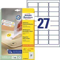 AVERY Zweckform Wiederablösbare Etiketten L4737REV-25 Weiss A4 63,5 x 29,6 mm 27 Blatt à 25 Etiketten