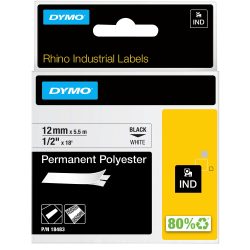 Dymo IND S0718210 / 18483 Authentic Rhino Polyester Schriftband Selbstklebend Schwarzer Druck auf Weiss 12 mm x 5.5m
