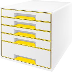 Leitz WOW Cube Schubladenbox Duo Colour mit 5 Schubladen DIN A4 Weiß, Gelb 28,7 x 27 x 36,3 cm