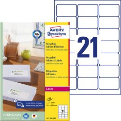 AVERY Zweckform Universaletiketten LR7160-100 Selbsthaftend A4 Weiss 63,5 x 38,1 mm Recycelt 100% 100 Blatt à 21 Etiketten