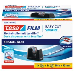 tesa Tischabroller tesafilm Easy Cut SMART Schwarz 15 mm (B) x 10 m (L) Kunststoff  + 1 Rolle tesa Klebefilm Kristall-Klar