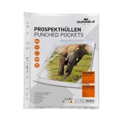 DURABLE Premium Prospekthüllen A4 Glasklar Transparent 60 Mikron Polypropylen Oben 11 Löcher 100 Stück