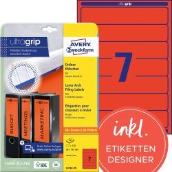 AVERY Zweckform UltraGrip Ordneretiketten L4762-20 Selbsthaftend A4 Rot 3,8 x 19,2 cm 20 Blatt à 7 Etiketten