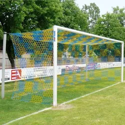 Sport-Thieme Grossfeld-Fussballtor in Bodenhülsen stehend, mit freier Netzaufhängung, Alu, Weiss einbrennlackiert , Netzhalter