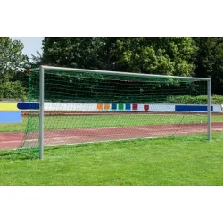 Sport-Thieme Grossfeld-Fussballtor in Bodenhülsen stehend, mit SimplyFix Netzbefestigung, weiss, Silber