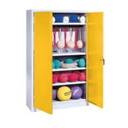 C+P Sportgeräteschrank mit Vollblech-Flügeltüren (Typ 2), HxBxT 195x120x50 cm, Ergo-Lock Muldengriff, Verkehrsgelb (RAL 1023), Lichtgrau (RAL 7035), Einzelschliessung