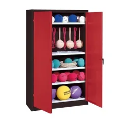 C+P Sportgeräteschrank mit Vollblech-Flügeltüren (Typ 2), HxBxT 195x120x50 cm, Ergo-Lock Muldengriff, Rubinrot (RAL 3003), Anthrazit (RAL 7021), Gleichschliessung