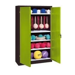 C+P Sportgeräteschrank mit Vollblech-Flügeltüren (Typ 2), HxBxT 195x120x50 cm, Ergo-Lock Muldengriff, Clowngrün (RAL 110 80 60), Anthrazit (RAL 7021), Gleichschliessung