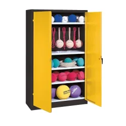 C+P Sportgeräteschrank mit Vollblech-Flügeltüren (Typ 2), HxBxT 195x120x50 cm, Ergo-Lock Muldengriff, Verkehrsgelb (RAL 1023), Anthrazit (RAL 7021), Gleichschliessung