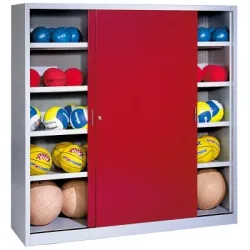 C+P Ballschrank mit Vollblech-Schiebetüren (Typ 4), HxBxT 195x190x60 cm, Rubinrot (RAL 3003), Lichtgrau (RAL 7035), Einzelschliessung