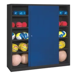 C+P Ballschrank mit Vollblech-Schiebetüren (Typ 4), HxBxT 195x190x60 cm, Enzianblau (RAL 5010), Anthrazit (RAL 7021), Einzelschliessung