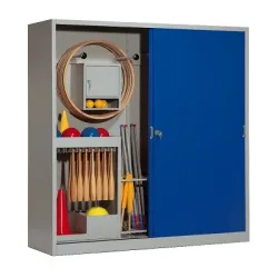 C+P Sportgeräteschrank mit Vollblech-Schiebetüren (Typ 5), HxBxT 195x190x60 cm, Enzianblau (RAL 5010), Lichtgrau (RAL 7035), Einzelschliessung