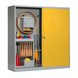 C+P Sportgeräteschrank mit Vollblech-Schiebetüren (Typ 5), HxBxT 195x190x60 cm, Verkehrsgelb (RAL 1023), Anthrazit (RAL 7021), Einzelschliessung