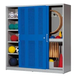 C+P Sportgeräteschrank mit Lochblech-Schiebetüren (Typ 5), HxBxT 195x190x60 cm, Enzianblau (RAL 5010), Lichtgrau (RAL 7035), Einzelschliessung