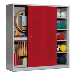 C+P Sportgeräteschrank mit Lochblech-Schiebetüren (Typ 5), HxBxT 195x190x60 cm, Rubinrot (RAL 3003), Lichtgrau (RAL 7035), Einzelschliessung