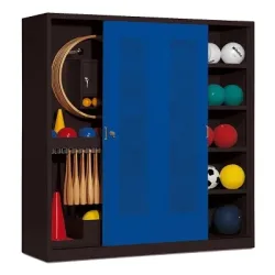 C+P Sportgeräteschrank mit Lochblech-Schiebetüren (Typ 5), HxBxT 195x190x60 cm, Enzianblau (RAL 5010), Anthrazit (RAL 7021), Einzelschliessung